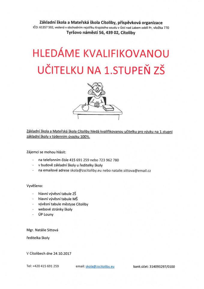 HLEDÁME UČITELKU !!!