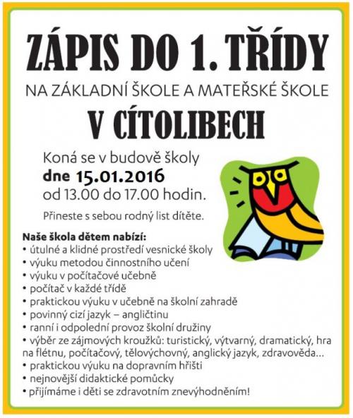 Zápis do 1. třídy ZŠ a MŠ Cítoliby